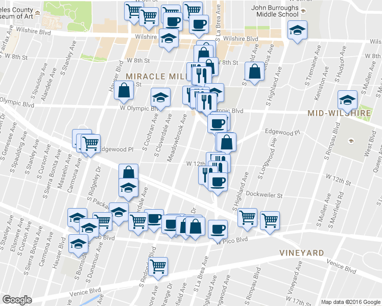 map of restaurants, bars, coffee shops, grocery stores, and more near 1101 South Redondo Boulevard in Los Angeles