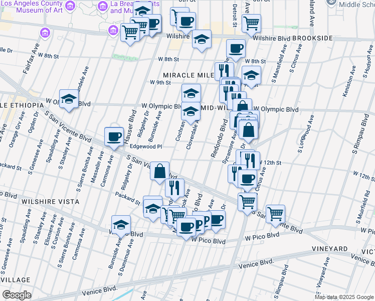map of restaurants, bars, coffee shops, grocery stores, and more near 1104 South Cloverdale Avenue in Los Angeles