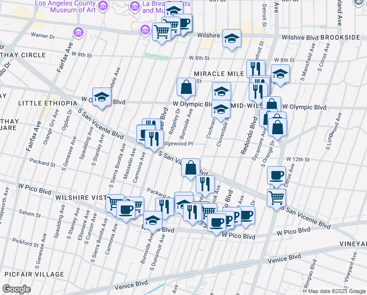 map of restaurants, bars, coffee shops, grocery stores, and more near 1141 South Dunsmuir Avenue in Los Angeles