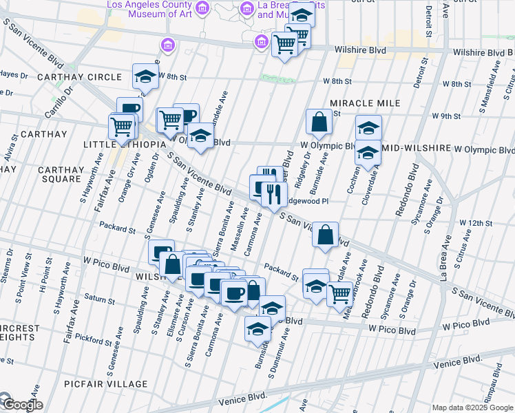map of restaurants, bars, coffee shops, grocery stores, and more near 5669 West San Vicente Boulevard in Los Angeles