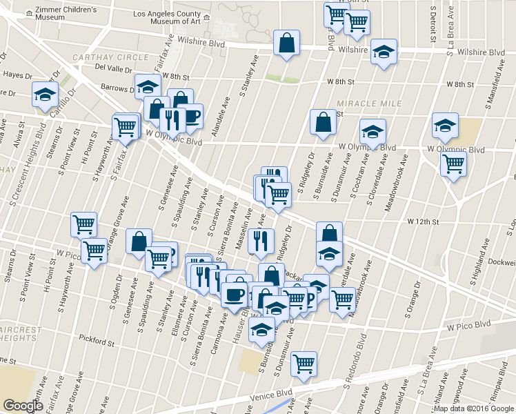 map of restaurants, bars, coffee shops, grocery stores, and more near 5669 West San Vicente Boulevard in Los Angeles
