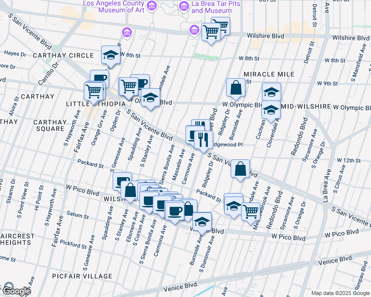 map of restaurants, bars, coffee shops, grocery stores, and more near 5669 West San Vicente Boulevard in Los Angeles