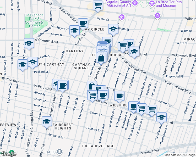 map of restaurants, bars, coffee shops, grocery stores, and more near 1134 South Fairfax Avenue in Los Angeles