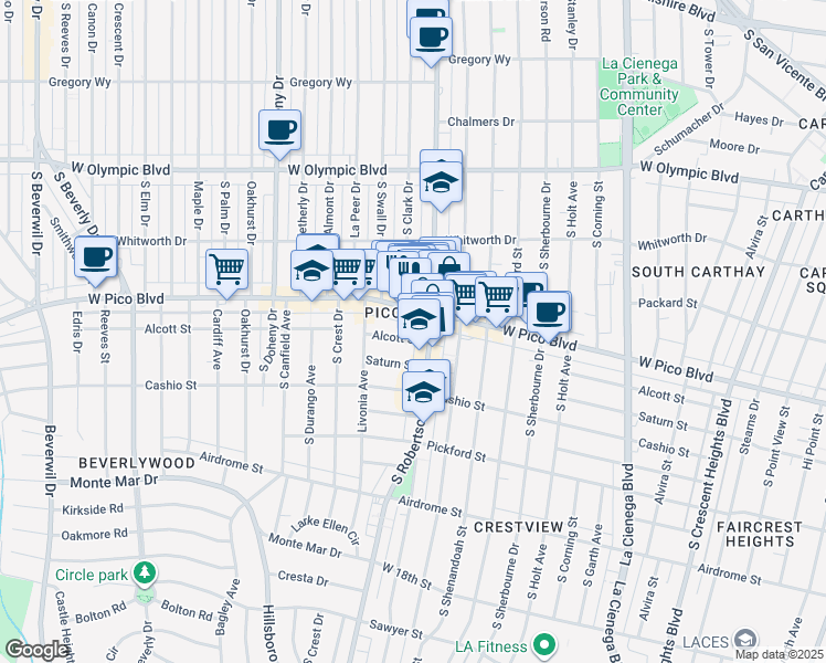 map of restaurants, bars, coffee shops, grocery stores, and more near 8826 West Pico Boulevard in Los Angeles