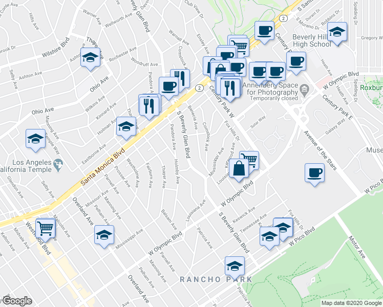 map of restaurants, bars, coffee shops, grocery stores, and more near 1932 Benecia Avenue in Los Angeles