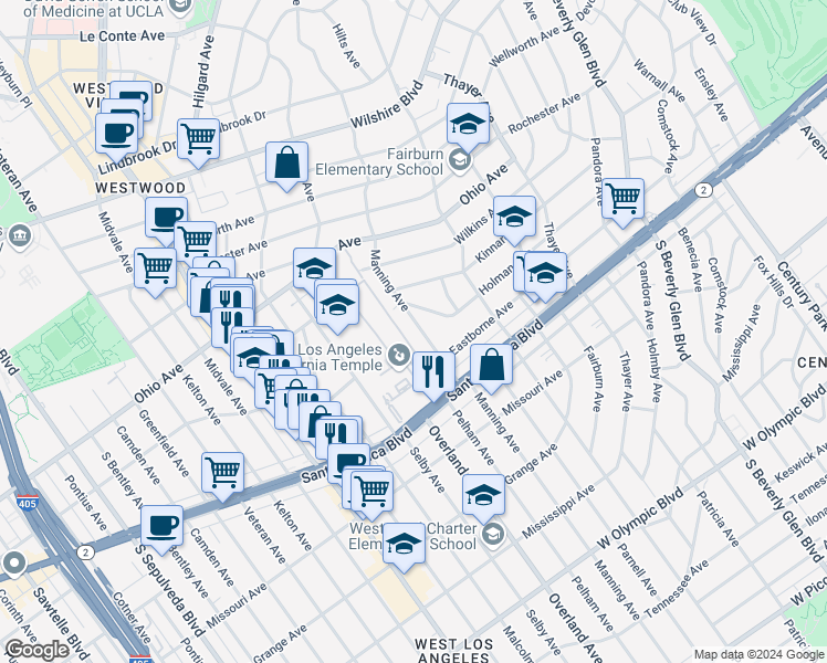 map of restaurants, bars, coffee shops, grocery stores, and more near 1607 Manning Avenue in Los Angeles