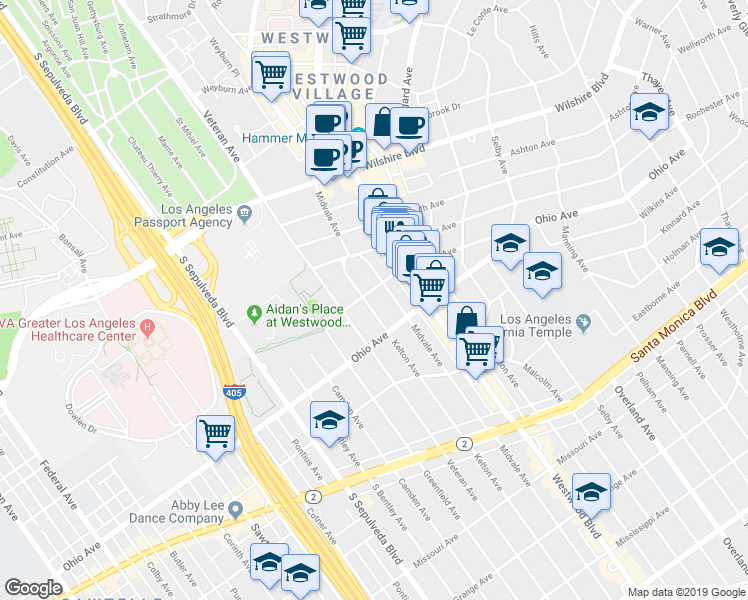 map of restaurants, bars, coffee shops, grocery stores, and more near 1409 Midvale Avenue in Los Angeles