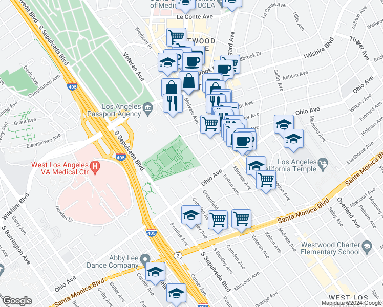 map of restaurants, bars, coffee shops, grocery stores, and more near 1378 Veteran Avenue in Los Angeles