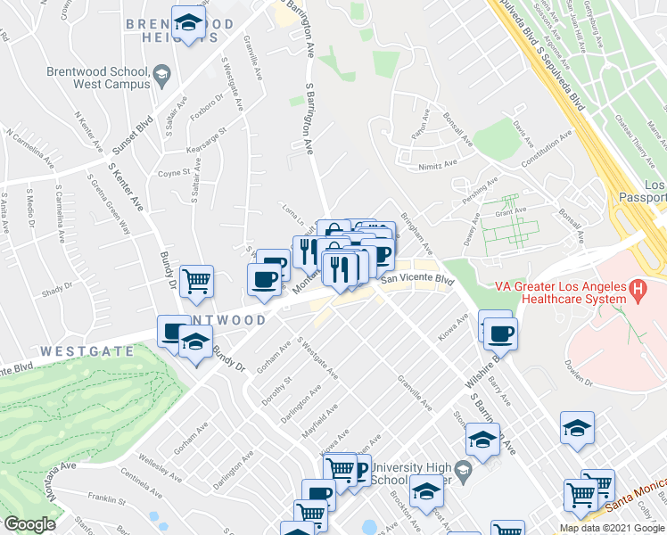 map of restaurants, bars, coffee shops, grocery stores, and more near 11706 Montana Avenue in Los Angeles