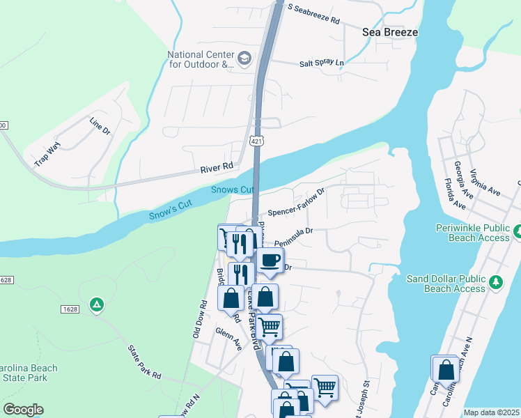 map of restaurants, bars, coffee shops, grocery stores, and more near 534 Spencer-Farlow Drive in Carolina Beach