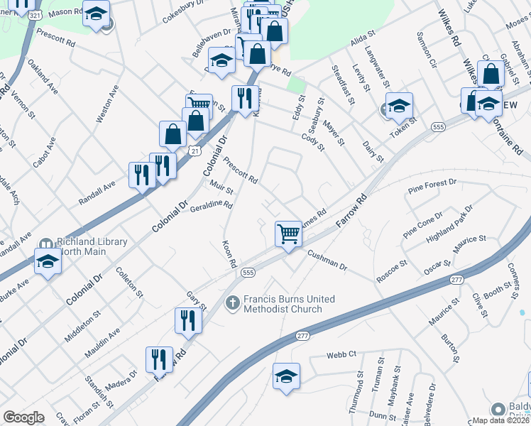 map of restaurants, bars, coffee shops, grocery stores, and more near 1601 Prescott Road in Columbia