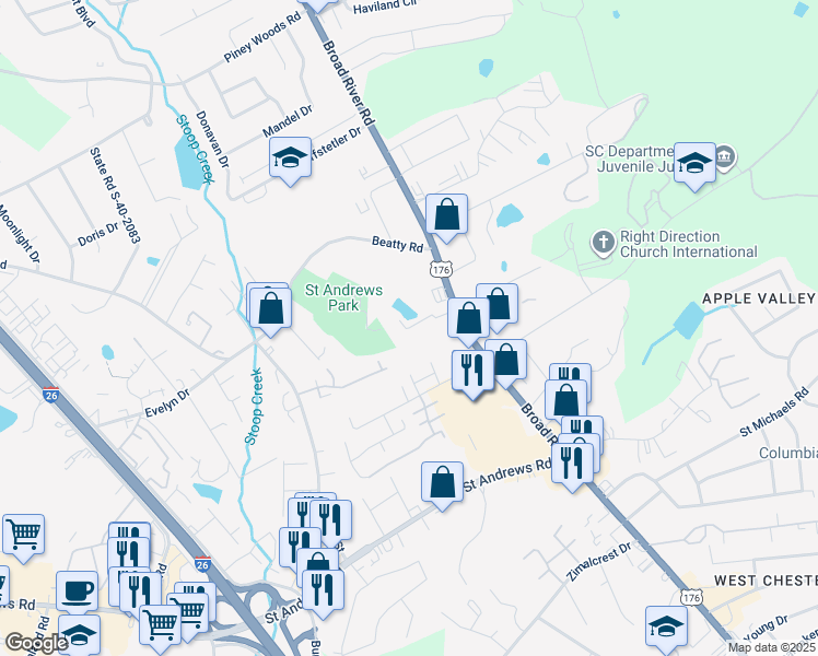 map of restaurants, bars, coffee shops, grocery stores, and more near 3427 Broad River Road in Columbia