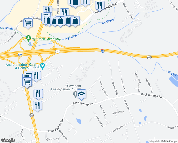 map of restaurants, bars, coffee shops, grocery stores, and more near 1525 Laurel Crossing Parkway Northeast in Buford