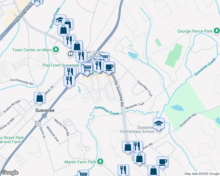 map of restaurants, bars, coffee shops, grocery stores, and more near 3890 Portland Trail Drive in Suwanee