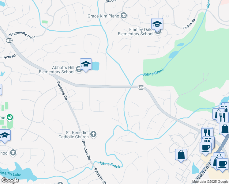 map of restaurants, bars, coffee shops, grocery stores, and more near 5700 Abbotts Bridge Road in Duluth