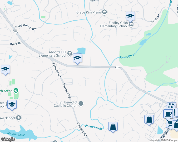 map of restaurants, bars, coffee shops, grocery stores, and more near 5690 Abbotts Bridge Road in Duluth