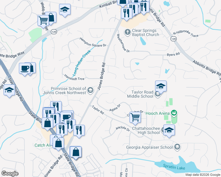 map of restaurants, bars, coffee shops, grocery stores, and more near 4890 North Bridges Drive in Alpharetta
