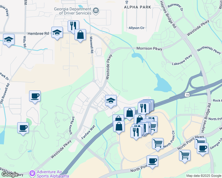 map of restaurants, bars, coffee shops, grocery stores, and more near 2281 Tenor Lane in Alpharetta