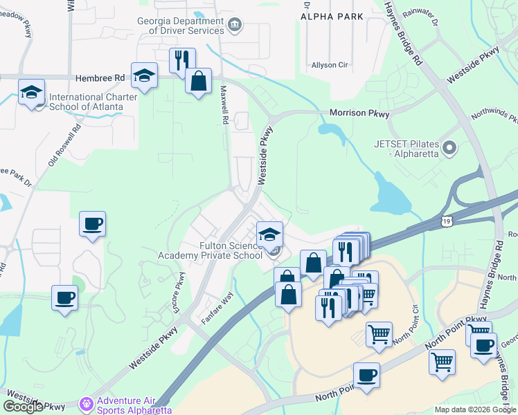map of restaurants, bars, coffee shops, grocery stores, and more near 2281 Tenor Lane in Alpharetta