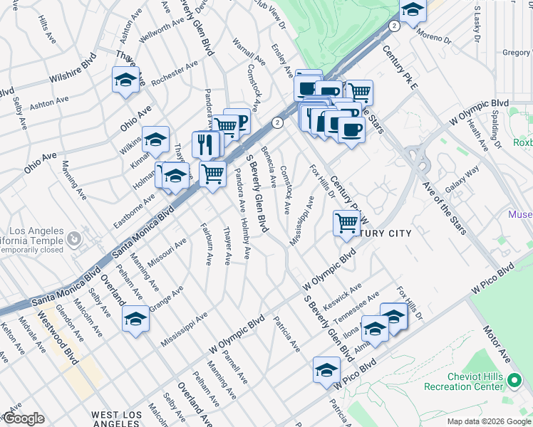 map of restaurants, bars, coffee shops, grocery stores, and more near 1944 South Beverly Glen Boulevard in Los Angeles