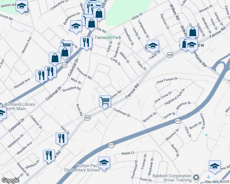 map of restaurants, bars, coffee shops, grocery stores, and more near 1726 Ethel Street in Columbia
