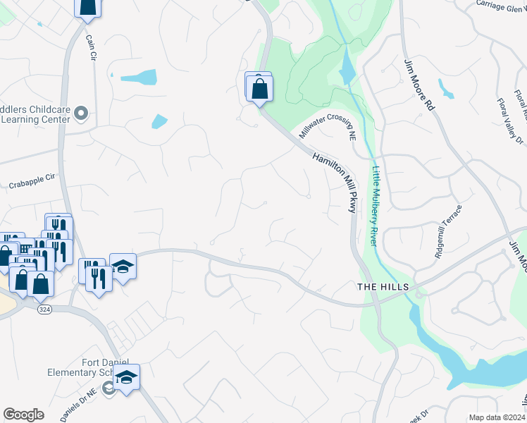 map of restaurants, bars, coffee shops, grocery stores, and more near 2942 Mill Park Court in Dacula