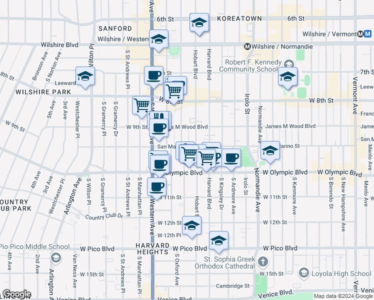 map of restaurants, bars, coffee shops, grocery stores, and more near 944 South Serrano Avenue in Los Angeles