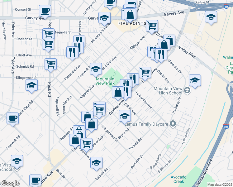 map of restaurants, bars, coffee shops, grocery stores, and more near 12221 1/2 Elliott Avenue in El Monte