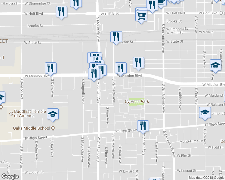 map of restaurants, bars, coffee shops, grocery stores, and more near 890 South Palmetto Avenue in Ontario
