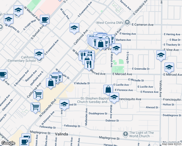 map of restaurants, bars, coffee shops, grocery stores, and more near 417 East Merced Avenue in West Covina