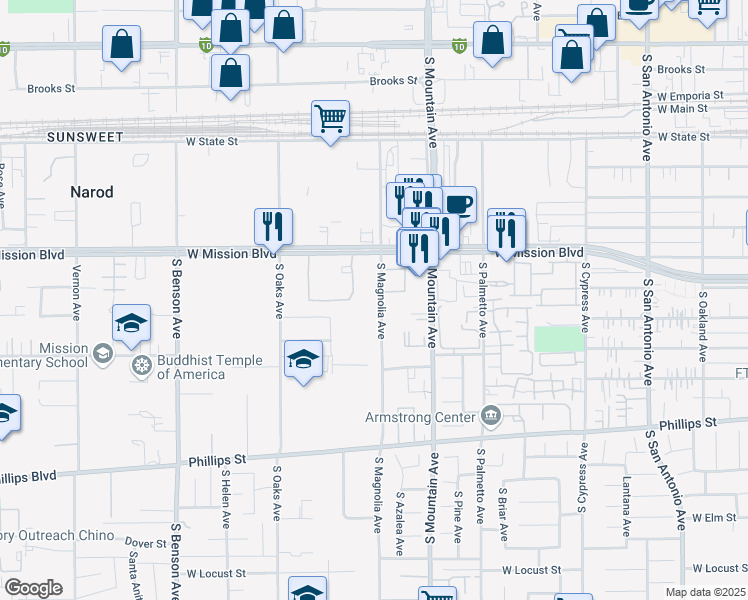 map of restaurants, bars, coffee shops, grocery stores, and more near 890 South Magnolia Avenue in Ontario