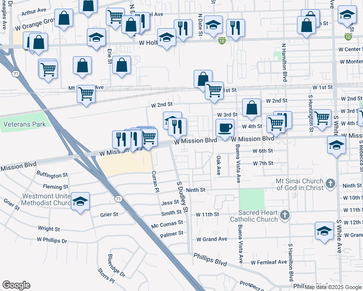 map of restaurants, bars, coffee shops, grocery stores, and more near 1514 West Mission Boulevard in Pomona