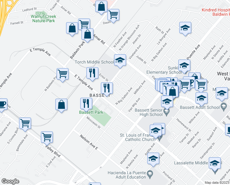 map of restaurants, bars, coffee shops, grocery stores, and more near 13440 Hutchcroft Street in La Puente