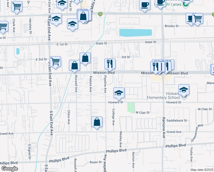 map of restaurants, bars, coffee shops, grocery stores, and more near 10991 Pipeline Avenue in Pomona