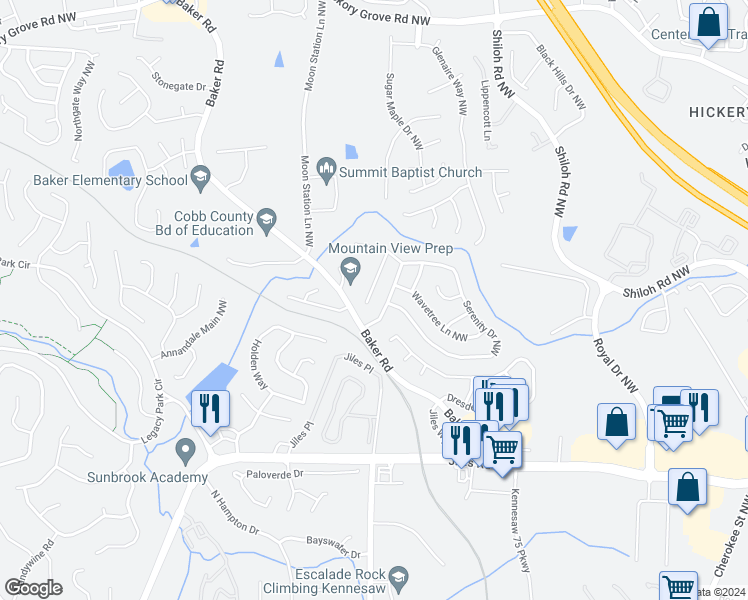 map of restaurants, bars, coffee shops, grocery stores, and more near 3840 Sunview Drive Northwest in Acworth