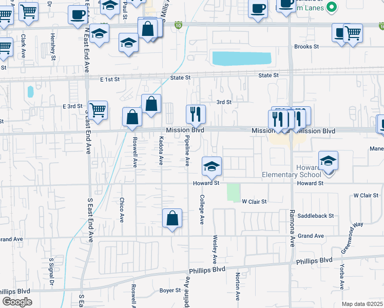 map of restaurants, bars, coffee shops, grocery stores, and more near 10991 Pipeline Avenue in Pomona