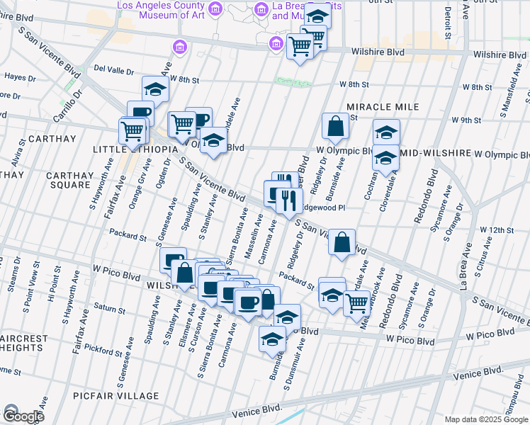 map of restaurants, bars, coffee shops, grocery stores, and more near 5669 West San Vicente Boulevard in Los Angeles