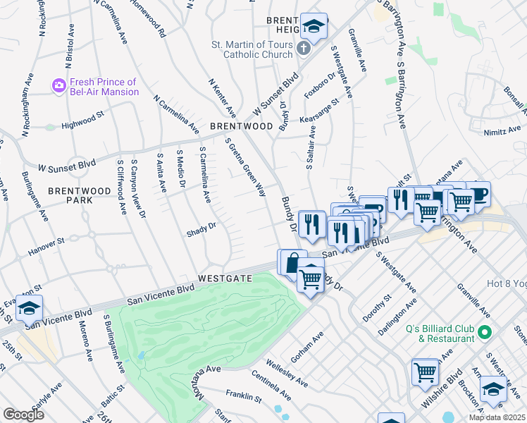 map of restaurants, bars, coffee shops, grocery stores, and more near 501 South Gretna Green Way in Los Angeles