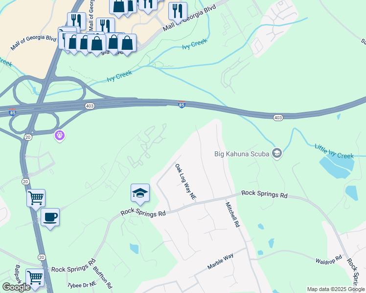 map of restaurants, bars, coffee shops, grocery stores, and more near 2831 Pine Log Way in Buford