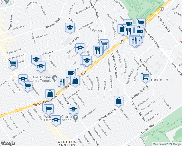 map of restaurants, bars, coffee shops, grocery stores, and more near 1811 Fairburn Avenue in Los Angeles