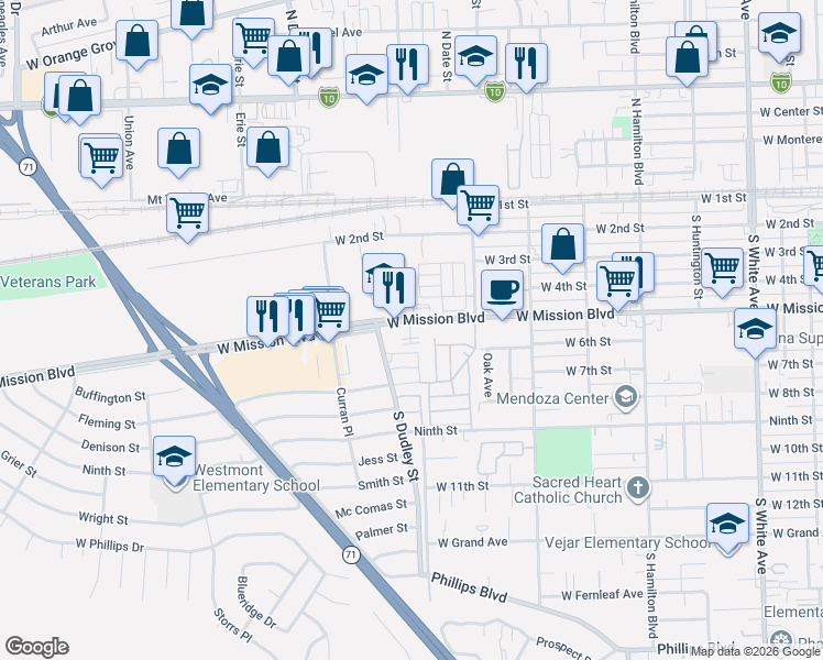 map of restaurants, bars, coffee shops, grocery stores, and more near 1512 West Mission Boulevard in Pomona