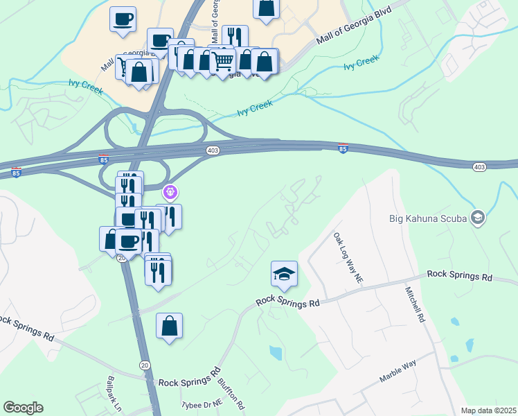 map of restaurants, bars, coffee shops, grocery stores, and more near 100 Woodiron Dr in Buford