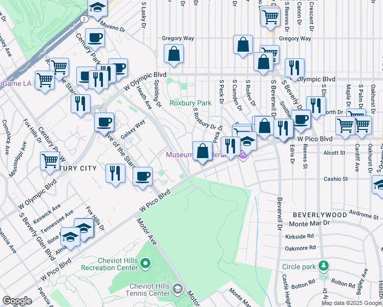 map of restaurants, bars, coffee shops, grocery stores, and more near 1271 Beverly Green Drive in Beverly Hills