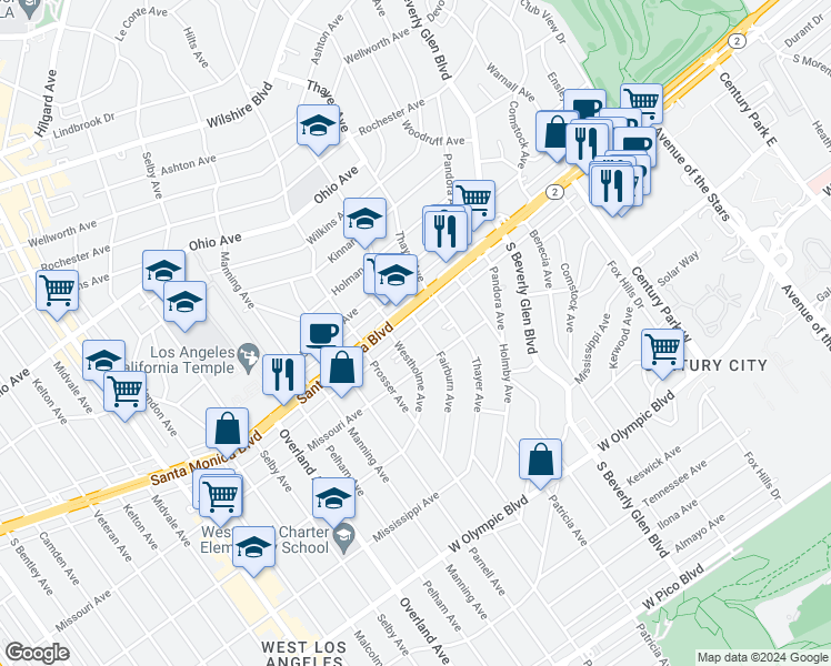 map of restaurants, bars, coffee shops, grocery stores, and more near 1811 Fairburn Avenue in Los Angeles