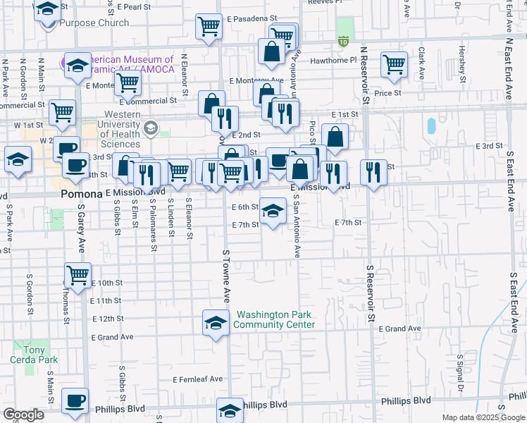 map of restaurants, bars, coffee shops, grocery stores, and more near 902 East 6th Street in Pomona