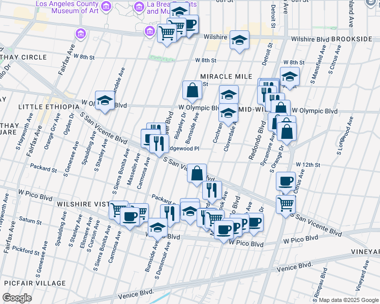 map of restaurants, bars, coffee shops, grocery stores, and more near 1141 South Dunsmuir Avenue in Los Angeles