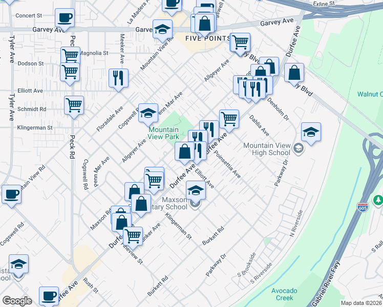map of restaurants, bars, coffee shops, grocery stores, and more near 2601 Durfee Avenue in El Monte