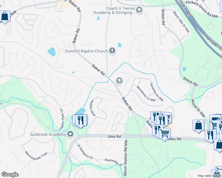 map of restaurants, bars, coffee shops, grocery stores, and more near 4190 Baker Station Court in Acworth
