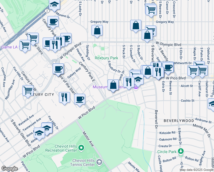 map of restaurants, bars, coffee shops, grocery stores, and more near 1271 Beverly Green Drive in Beverly Hills