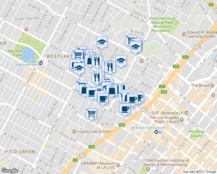map of restaurants, bars, coffee shops, grocery stores, and more near 636654 Witmer Street in Los Angeles